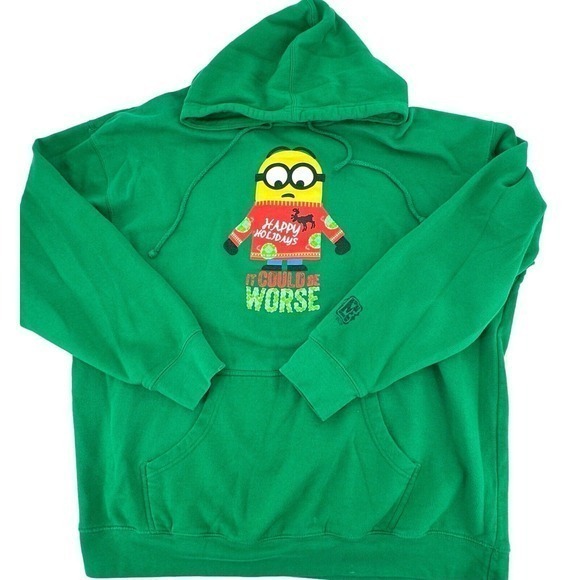 Universal Studios Green "It Could Be Worse" Minion Holiday Sweatshirt Hoodie XL‎ - Picture 2 of 11